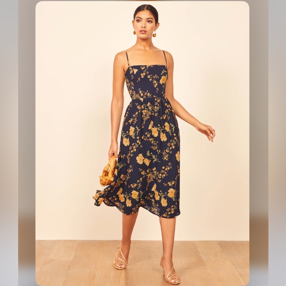 NWT REFORMATION Rosehip Dress in Bernadette Navy Floral Midi Dress Size 10